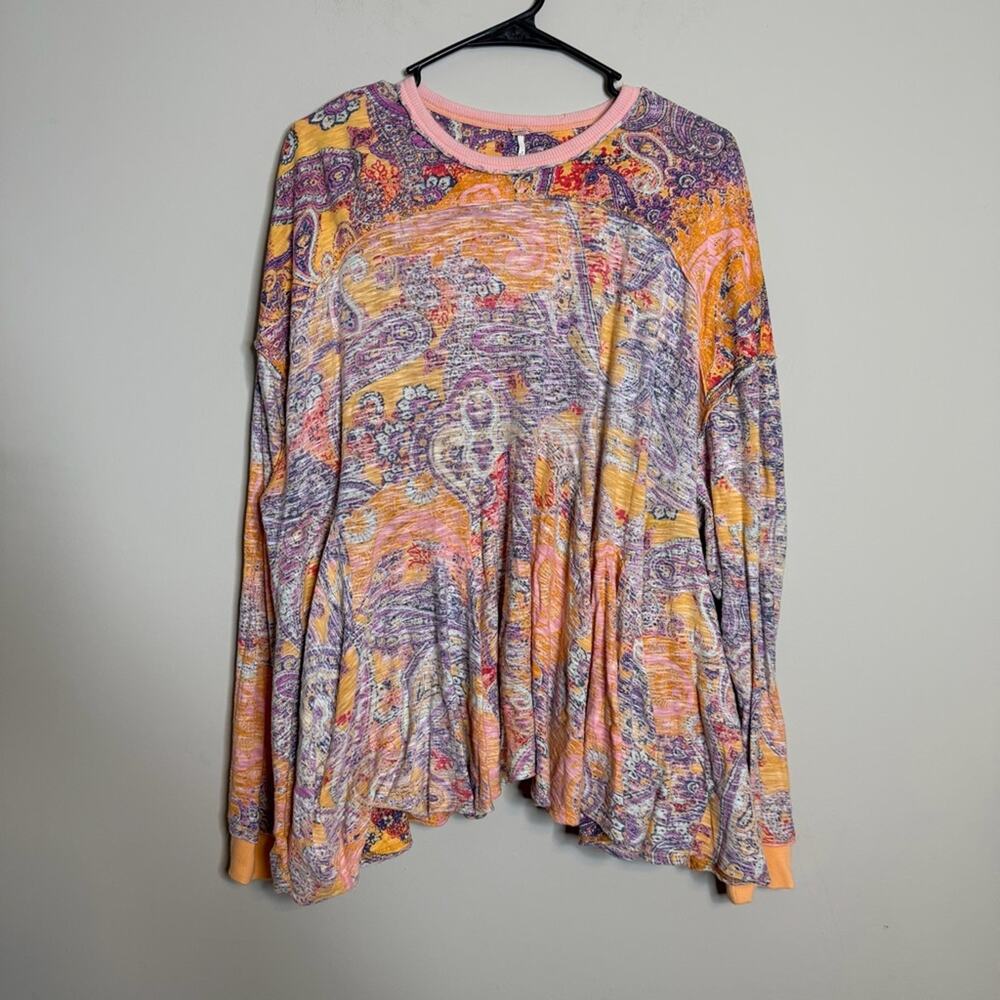Free People Making Circles Long Sleeve T-Shirt Paisley Orange Oversized XS - Picture 4 of 9